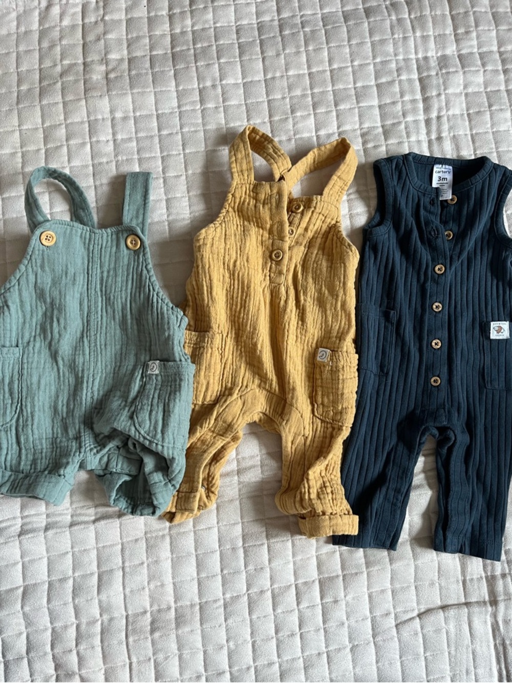 Set of 3 Carters 3m Baby Rompers - Sage, Mustard & Navy